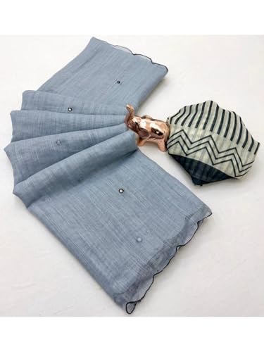 Image of Linen Cotton Saree with Black Mirror Work | New