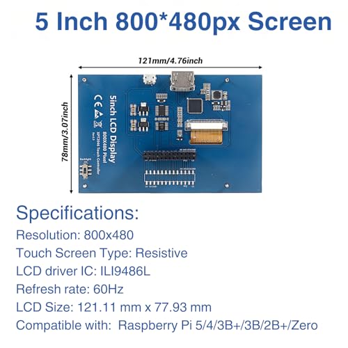 Image of 5 Inch HDMI Resistive Touch Screen TFT LCD Display, HD 800x480 LCD Display with HD Adapter, Touch Pen, Compatible with Raspberry Pi 5 /4 /3 /2B /Zero, Banana Pi, Jetson Nano, Windows 11 /10 /8 /7