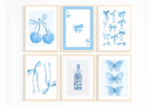 6Pcs Blue Bows Wall Art Coquette Girly Canvas Paintings Aesthetic