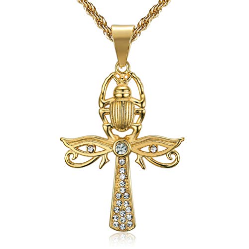 Lee Island Fashion CZ Eye of Horus and Scarab Egyptian Protection Ankh Cross Pendant Stainless Steel Necklace, 24 Inch Chain Jewelry