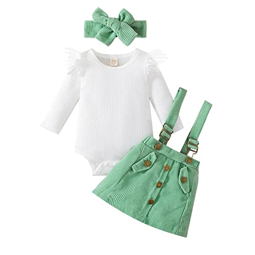 Viworld Baby Girls Fall Clothes Ruffle Long Sleeve Ribbed Romper + Floral Corduroy Suspender Skirt + Headband 3Pcs Outfits(White3,12-18M) #TOP6
