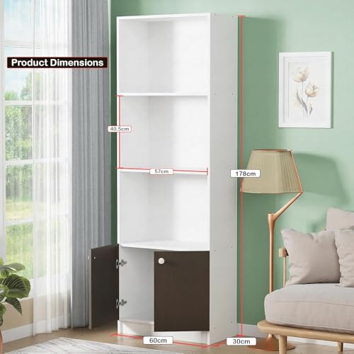 Image of Lukzer 4-Layer Engineered Wood Bookshelf with Door | Multipurpose Storage Cabinet for Home, Office, Library | White Finish | (White /MR-020 /178 x 60 x 30 cm) DIY Assembly with Detachable Components