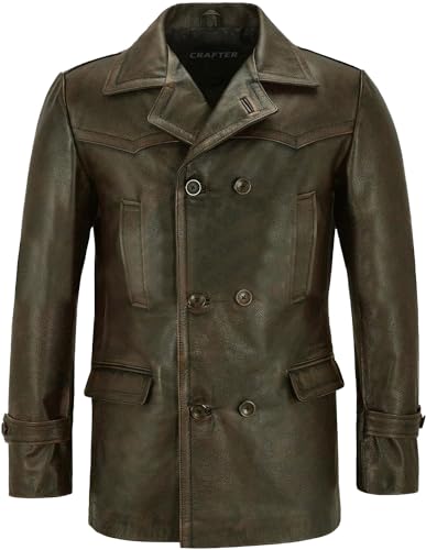 Men's Kriegsmarine German Ww2 Dr Who Reefer Hide Leather Jacket Coat Four Button Leather Car Coat - Pea Coat for Mens