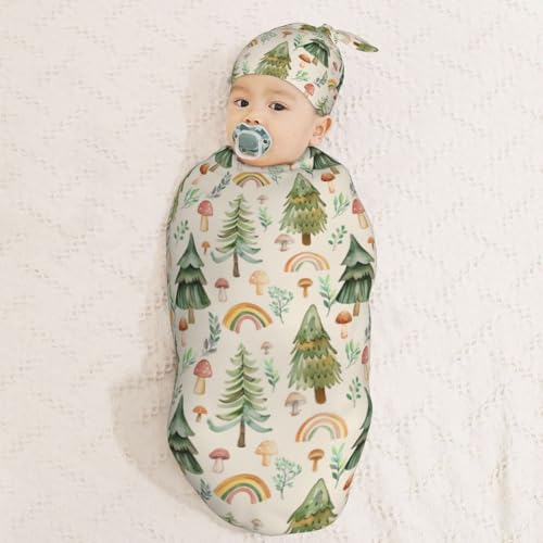 Image of Watercolor Tree Rainbow Mushroom Newborn Swaddle Blanket with Beanie Hat Set Soft Receiving Blankets Baby Swaddle Wrap for Baby Boys and Girls