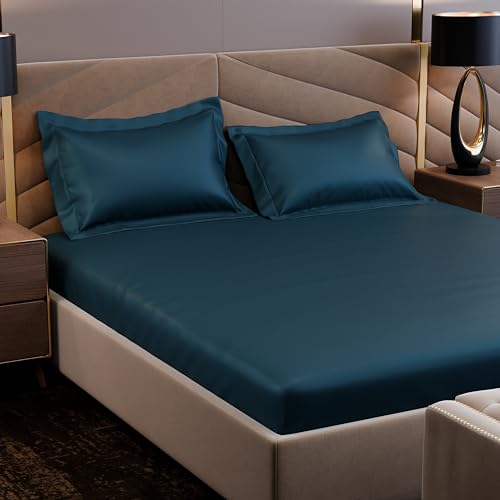 Image of Stoa Paris 350TC Luxstre Cotton Super King Fitted Bedding Set with 2 Pillow Covers, All-Around Elastic Fitted Bedsheet 183cm x 213cm + 30cm Drop, All Season Comfort, Breathable, Panache - Teal