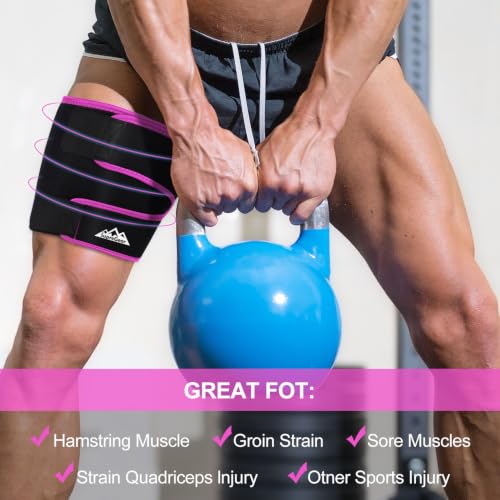 Image of supregear Thigh Wraps Support, Adjustable Compression Neoprene Thigh Sleeve Hamstring Quad Wrap Upper Leg Brace for Women Men Pulled Groin Muscle, Quadriceps, Black + Fuchsia Pink, L