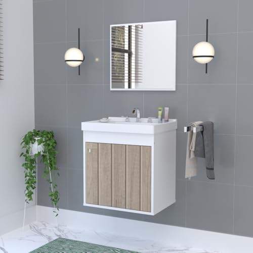 Kit Gabinete Banheiro Armario Cuba Pia Com Espelheira(Branco Marmorizado)