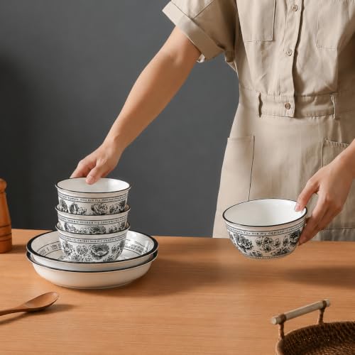 Image of 6-Piece Ceramic Dinner Set, 2 Plates & 4 Bowls, Microwave Safe, Dishwasher Safe, Floral Dinnerware (Grey + White Floral, 2 Plate & 4 Bowl Set)