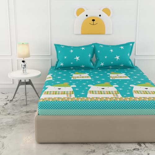 Image of LORETO - A QUALITY LINEN BRAND 186 TC 100% Pure Cotton King Size Fitted Bedsheet with 2 Pillow Covers for 78 x 72 Inch Mattress, All-Around Elastic, 8 Inch Deep Pocket, Teal Bear