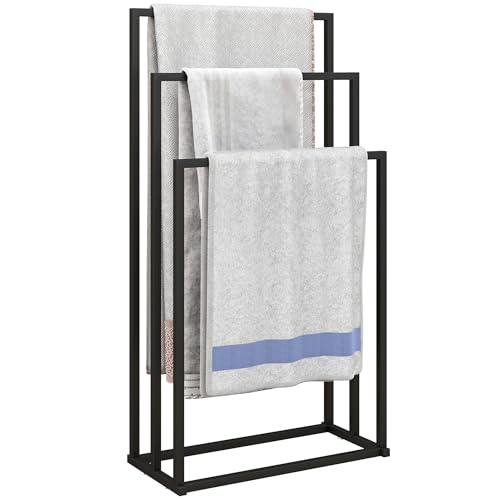 HOMCOM Portasciugamani da Terra a 3 Bracci Autoportante, Porta Asciugamani per Bagno in Acciaio, Porta Salviette 45x21.5x85 cm Nero