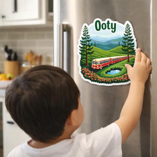 Image of Naxon Ooty Hill Station Theme Souvenir Wooden Fridge Magnet | Nilgiri Hills & Tea Gardens Design 3x3 Inch Refrigerator Magnet for Kitchen & Home Decor | Travel Gift from Ooty Tamil Nadu | Pack of 1