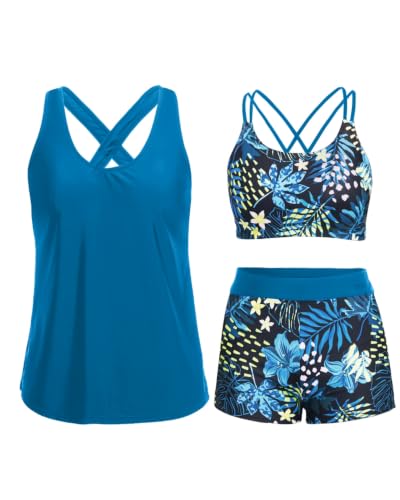 Image of Women's 3 Piece Tankini Swimsuit Tummy Control Bathing Suit with Boy Shorts