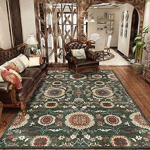 Tapis de salon vert floral 90x150cm lavable et doux