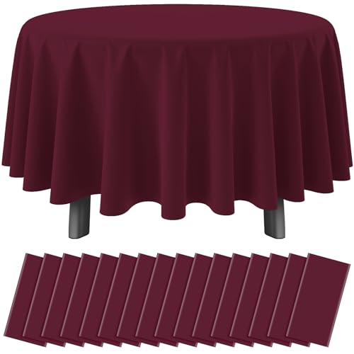 Image of 16 Pack Maroon Plastic Tablecloth for Round Tables, Premium Decorative Burgundy Disposable Table Cloths for Parties, Maroon Round Party Table Cover for Birthday Anniversary Graduation, 84 Inch