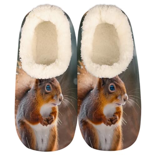 Cute Squirrel House Slippers for Women Men, Winter Squirrel Fuzzy Soft Cozy Non Slip Slipper Socks