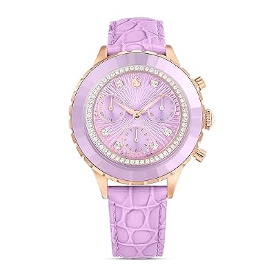 Swarovski Octea Chronograph Watch, Swiss-Made & Water-Resistant Purple Wristwatch in a Rose Gold-Tone Finish with Clear Crystals and Leather Strap, Part of The Octea Collection