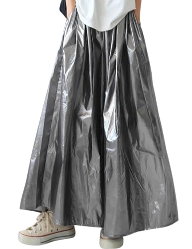 antiqua Metallic Flare Maxi Skirt for Women High Waist Shiny