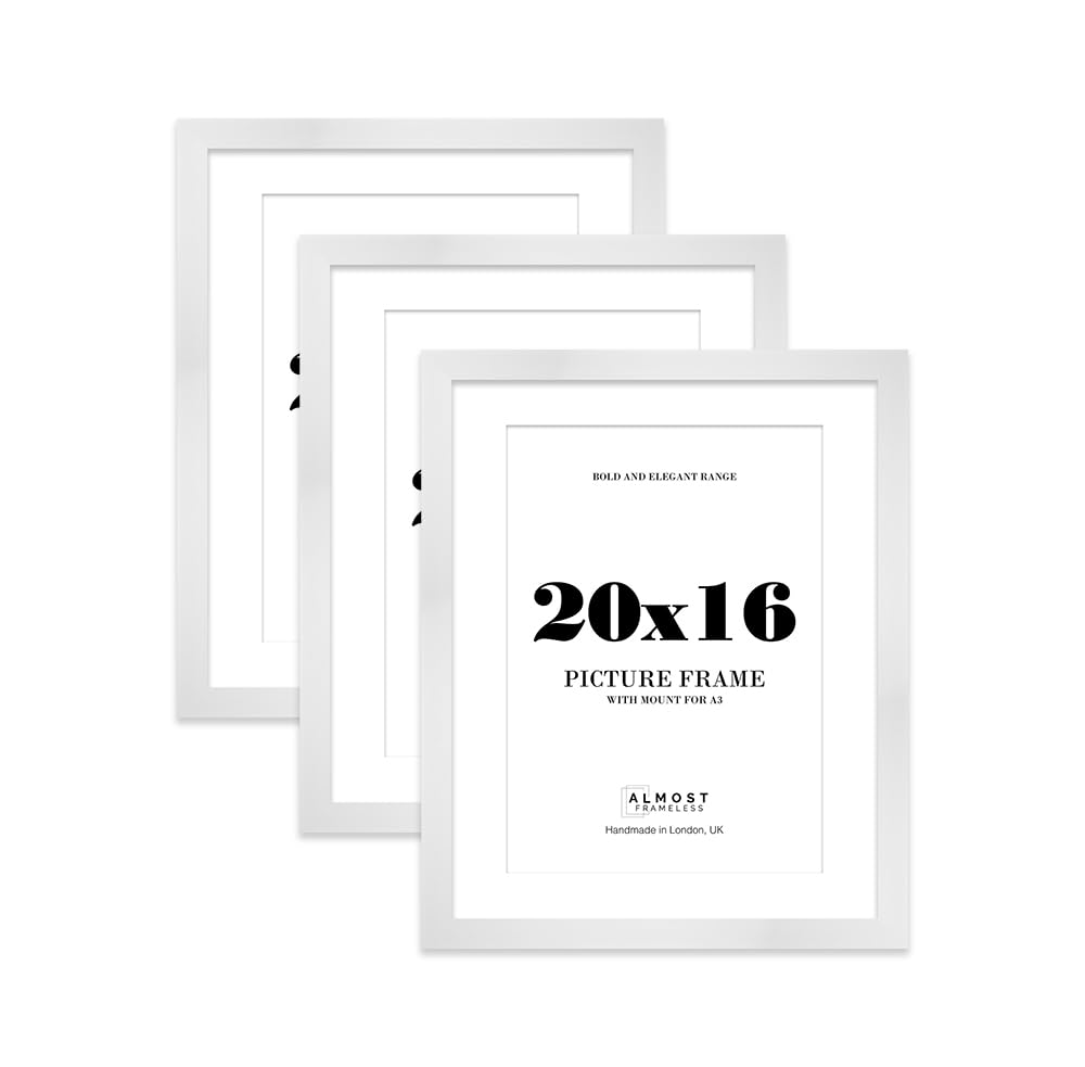 20x16 White Frame With Mount for A3 Pictures 28mm Edge Portrait and Landscape Display with Wall Hooks, 3 Pack