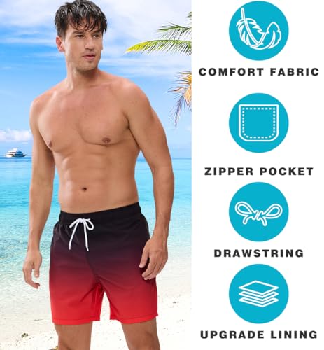 Image of Mens Swim Trunks Compression Liner No Mesh Swimming Trunks Men Swimwear Quick Dry Above Knee Zipper Pocket Swim Shorts