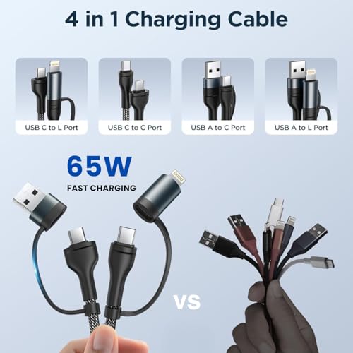 Image of Sevenaire 4in1 Nylon Braided Multifunction Smart Charging Cable Compatible with Type C, Micro USB and iPhone Devices.
