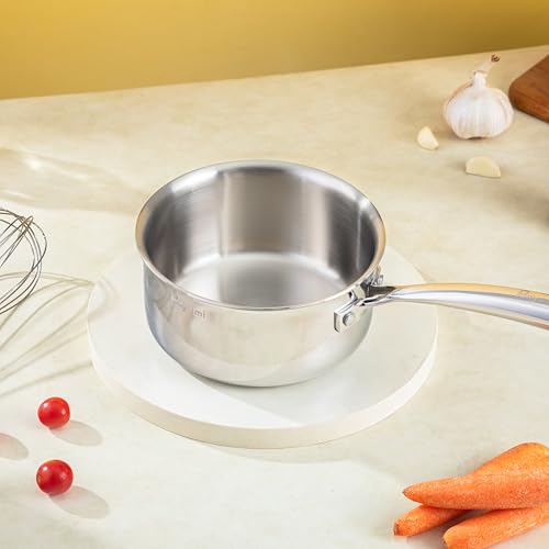Image of Triply Stainless Steel Sauce Pan (1.6L, 16cm) with Innovative Stay-Cool Handle, 2.5mm Thick Heavy Bottom Milk Pan & Tadka Pan, No Chemical Coating, Induction Friendly Cookware, 5 Year Warranty