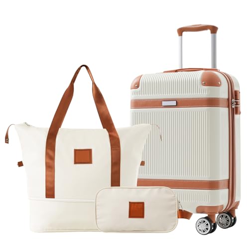 Hardshell Luggage Sets 3 Piece Carry-on Suitcase Double Spinner Wheels with TSA Lock for Men Women, White (20in)