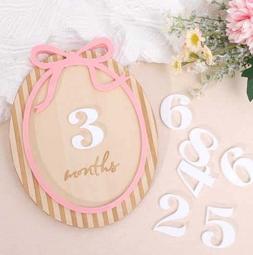 Image of Baby Monthly Milestone Cards - Pink Bow Wooden Monthly Milestone Discs，Newborn Photography Props to Document Your Baby´s Growth，Baby Announcement Sign
