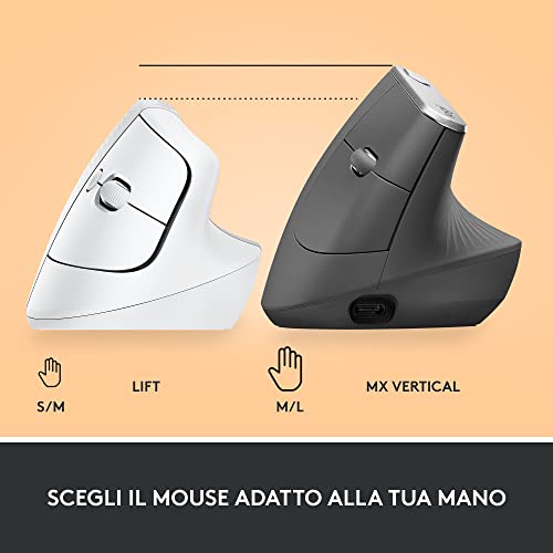 Lift Mouse Ergonomico Verticale, Senza Fili, Ricevitore Bluetooth o Logi Bolt USB, Clic Silenziosi, 4 Tasti, Compatibile con Windows / macOS / iPadOS, Laptop, PC - Bianco - Mouse gaming - Immagine 10