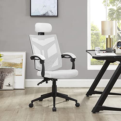 Harriet Ergonomic Office Chair Mesh Ergonomic Chair with Wheels Adjustable Ergonomic Desk Chair High Back Computer Desk Chair Mesh Office Chairs with Lumbar Support, Headrest, Arm Rests - White