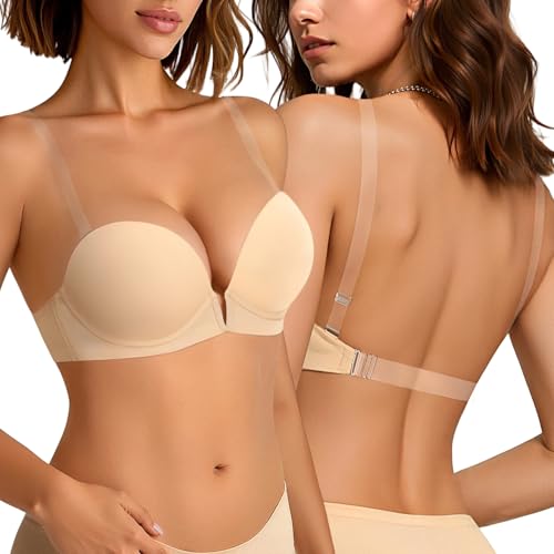 Backless Bra with Clear Straps and Back Plunge Padded Push Up Low Cut Underwire Bras for Women