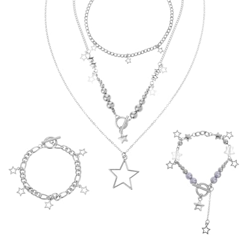 Josojoou Y2k - Collar de estrella con 2 pulseras de plata, cadena de estrella kawaii,...