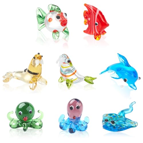 NBEADS 8 Pieza de Figuras de Cristal de Vida Marina, Minifiguras Marinas de Vidrio En Miniatura de Mantarraya, Pez Mariposa, Morsa, Delfín, Pulpo Y Pez para Decoración de Peceras