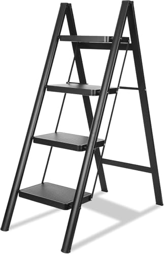 MOMENT Step Ladder Folding Step Stool Heavy Duty 330 Lbs Load Stepladder Small Kitchen/Closet Ladder for Adults/Kids Lightweight Step Ladder with Anti-Slip Wide Pedal for Home Black (4 Step)