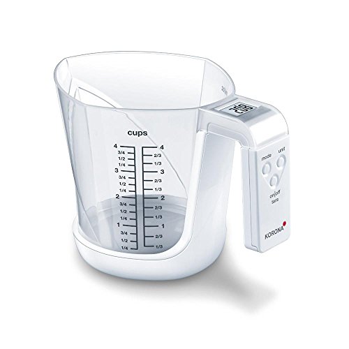 Korona 75877 Messbecherwaage MIA | Tragkraft 3kg, Einteilung 1 g | inkl. Messbecher 1, 0 L | gut ablesbares LCD Display | Tara-Zuwiegefunktion | Batterie inklusive