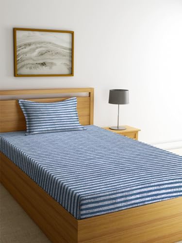 Image of NHD HOME Premium Glace Cotton 180 TC Flat Single Bedsheets Breathable | Wrinklefree (Size-60 X 90 Inch) with 1 King Size Pillow Covers (Size-17 X 27 Inches, White Blue Striped)