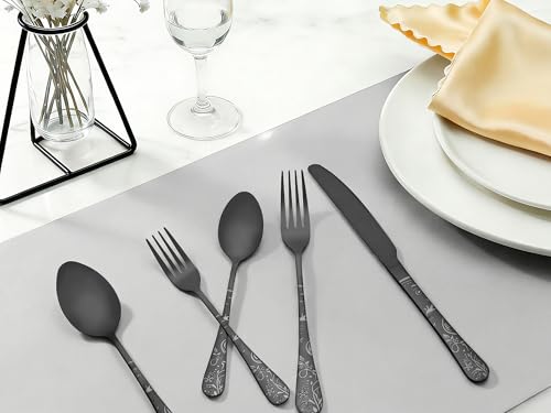 DRMHM 20 Piece Silverware Set, Stainless Steel Floral Flatware Set for 4, Modern Cutlery Set Includes Dinner Knife, Fork, Spoon 20Pcs Black by DRMHM - Used condition - Image 3
