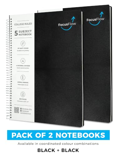 Image of DOODLE Focus Flow 5 Subject Spiral Notebook Set of 2 | Black + Black | 200 Sheets Each, College Ruled Paper | Notebooks with Dividers & Water Resistant Covers for School, College & Office