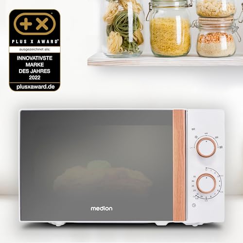 Foto von MEDION Mikrowelle klein (Holzoptik, Freistehend, 20 Liter, 700 Watt, Verspiegelte Tür, 5 Leistungsstufen, Auftaufunktion, Zeitschaltuhr, MD10596) weiß
