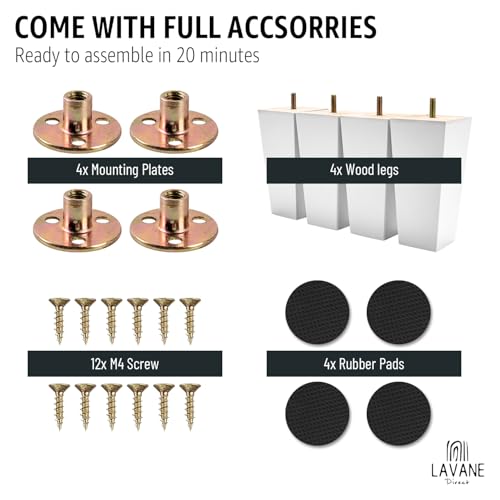 LA VANE 20cm Holz Tischbeine, 4 Stück Weiß Massivholz Pyramide Ersatz Möbelfüße Möbelbeine mit vorgebohrten M8 Bolzen & Montageplatten & Schrauben für Sofa Bett Schrank Couch Ottomane