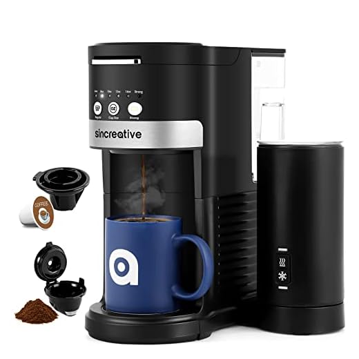 Sincreative Single Serve Coffee Maker with Milk Frother, Single Cup Coffee Makers for K Cup Pod or Ground Coffee, Latte Cappuccino Coffee Machine with Strong Brew Function, Gifts for Mom Dad Women Men