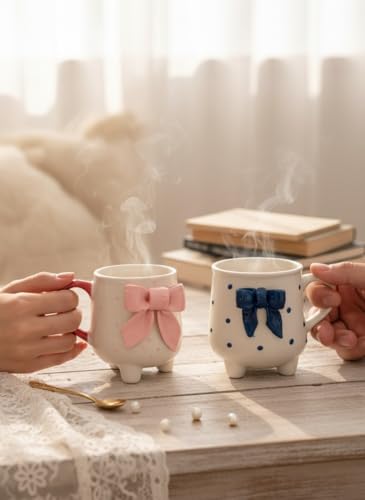 Image of Ceramic Bow Cup with Legs (Blue & Pink) - Set of 2 Cute Aesthetic Coffee Mugs | Designer Tea Cups for Girls | Microwave & Dishwasher Safe | Unique Gift for Birthday, Best Friend & Special Occasions