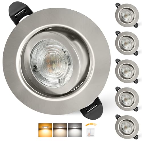 Aulaiyi LED Einbaustrahler 230V Dimmbar 68mm 5.5W IP44 LED Spots Ultra Flach Deckenspots 45 Schwenkbar Einbauleuchten Warmweiß Neutralweiß Kaltweiß Einbauspots für Bad Wohnzimmer Nickel 6er Set