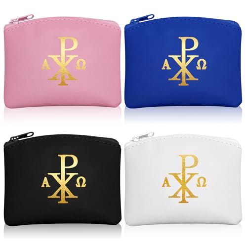 Image of Dansydaisy 4 Pcs Rosary Pouch Catholic with Gold Cross PU Leather Rosary Case for Women and Men Coin Purses Holder Zipper Bag for Travel Christmas, 4 Colors (Classic Colors,Chi Rho)