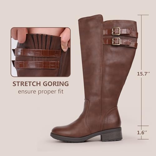 Women's Extra Wide Calf Block Heel Stacked Buckle Hidden Stretch Knee High Boots3