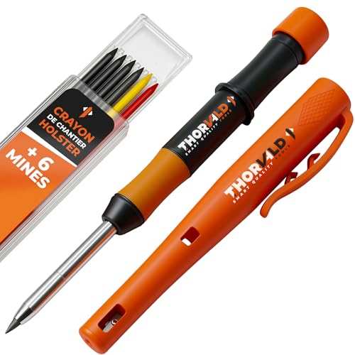 THORVALD Crayon Chantier EXTENSIBLE avec HOLSTER (+ 7 MINE Multi-Supports + Taille Mine) Porte Mine pour Menuisier, Bricolage, Dessin, Tracer sur Bois Metal, Béton,...