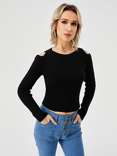 Image of Scacto Women's Cut Out Cropped Sweater Ribbed Knit Pullover Sweater Crop Tops Black