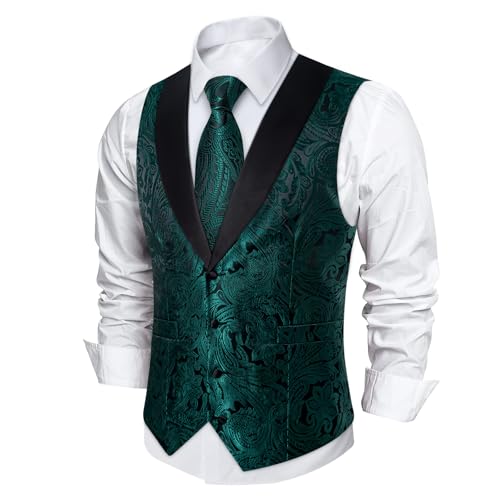 Image of DiBanGu Mens Paisley Suit Vest Silk Jacquard Waistcoat and Necktie Set Formal Shawl Collar Dress Vest 7PCS for Wedding Party