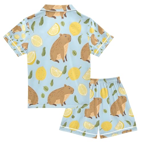 senya Cute Capybara Lemon A Satin Summer Pajama Sets Silk Short Sleeve Button Down Sleepwear2