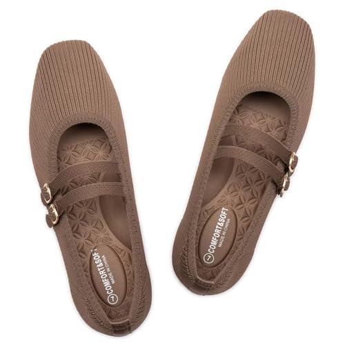 Image of Frank Mully Women's Flats Square Toe Mary Jane Shoes Ballet Flats with Strap Comfortable Slip On Knit Shoes Dressy Casual
