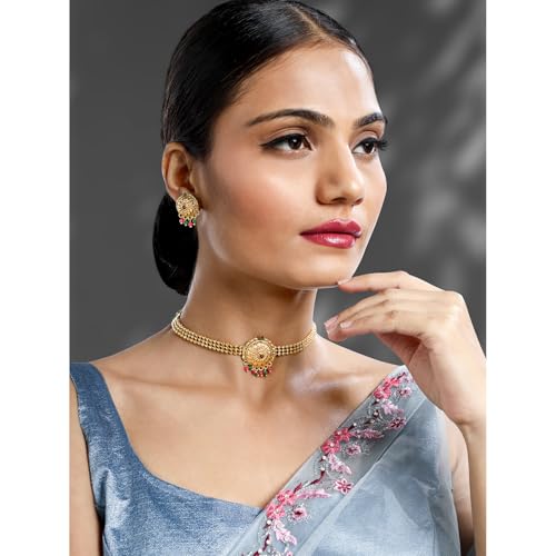 Image of Peora Gold Plated Rani Pink & Green Synthetic Stone Studded Choker Necklace & Dangle Earrings Traditional Jewellery Set for Women & Girls